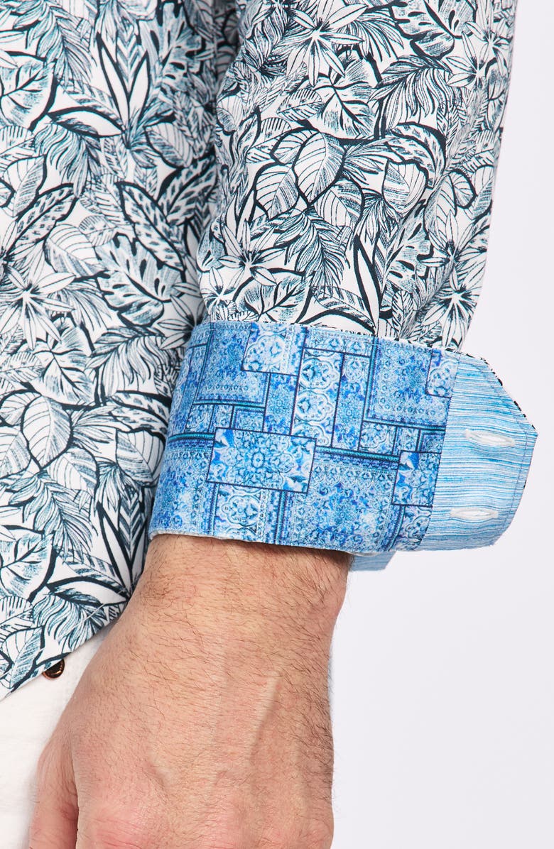 Robert Graham Frond Print Cotton Button-Up Shirt, Alternate, color, Teal
