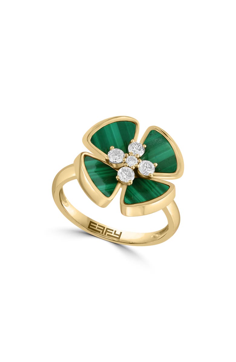14K Yellow Gold Malachite & Diamond Flower Ring