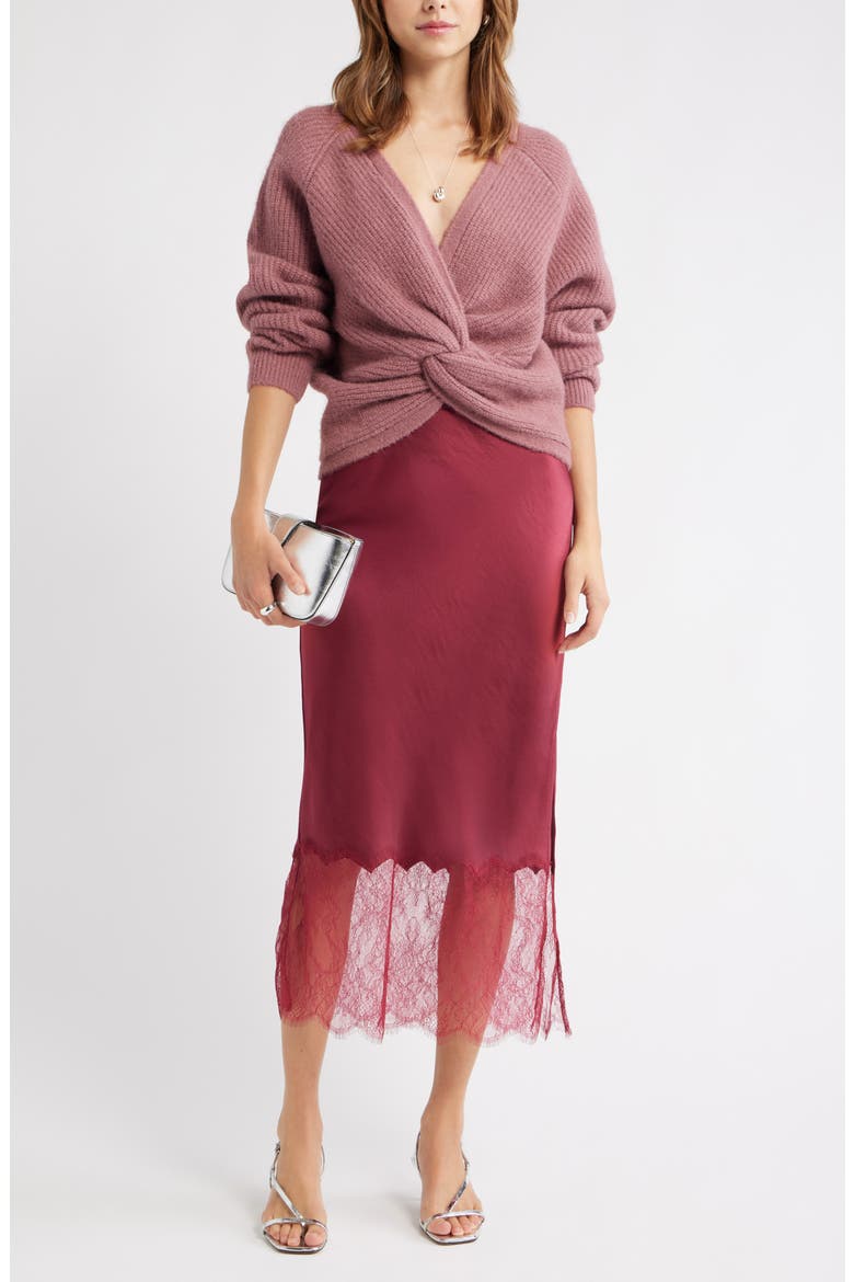 Lace Trim Satin Midi Skirt, Alternate, color, BURGUNDY BEET