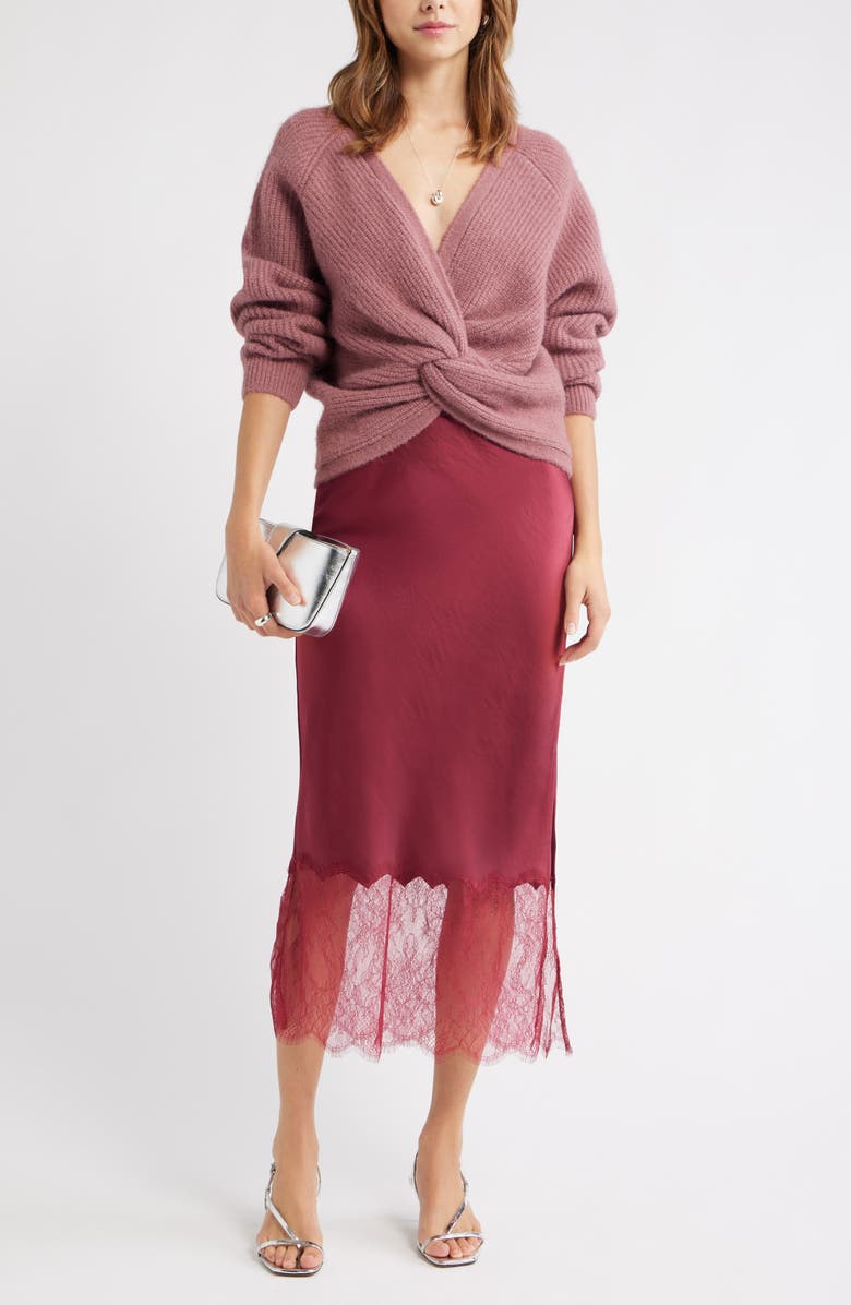 Open Edit Lace Trim Satin Midi Skirt, Alternate, color, Burgundy Beet