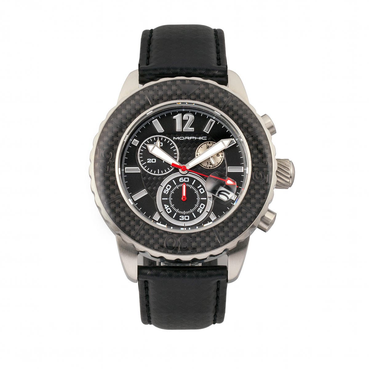 Morphic M51 Series Chronograph Leather-Band Watch w/Date in Silver/black 
