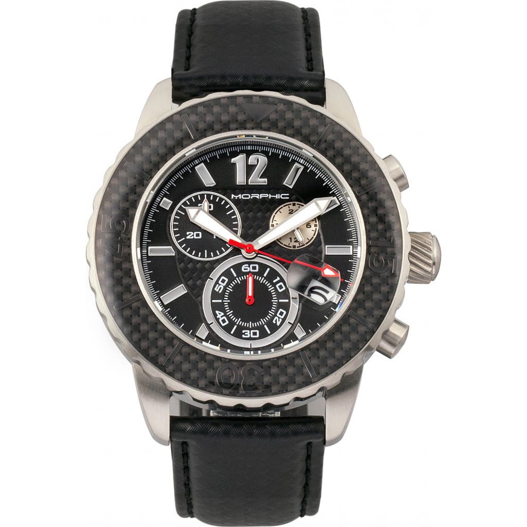 Morphic M51 Series Chronograph Leather-band Watch W/date In Silver/black