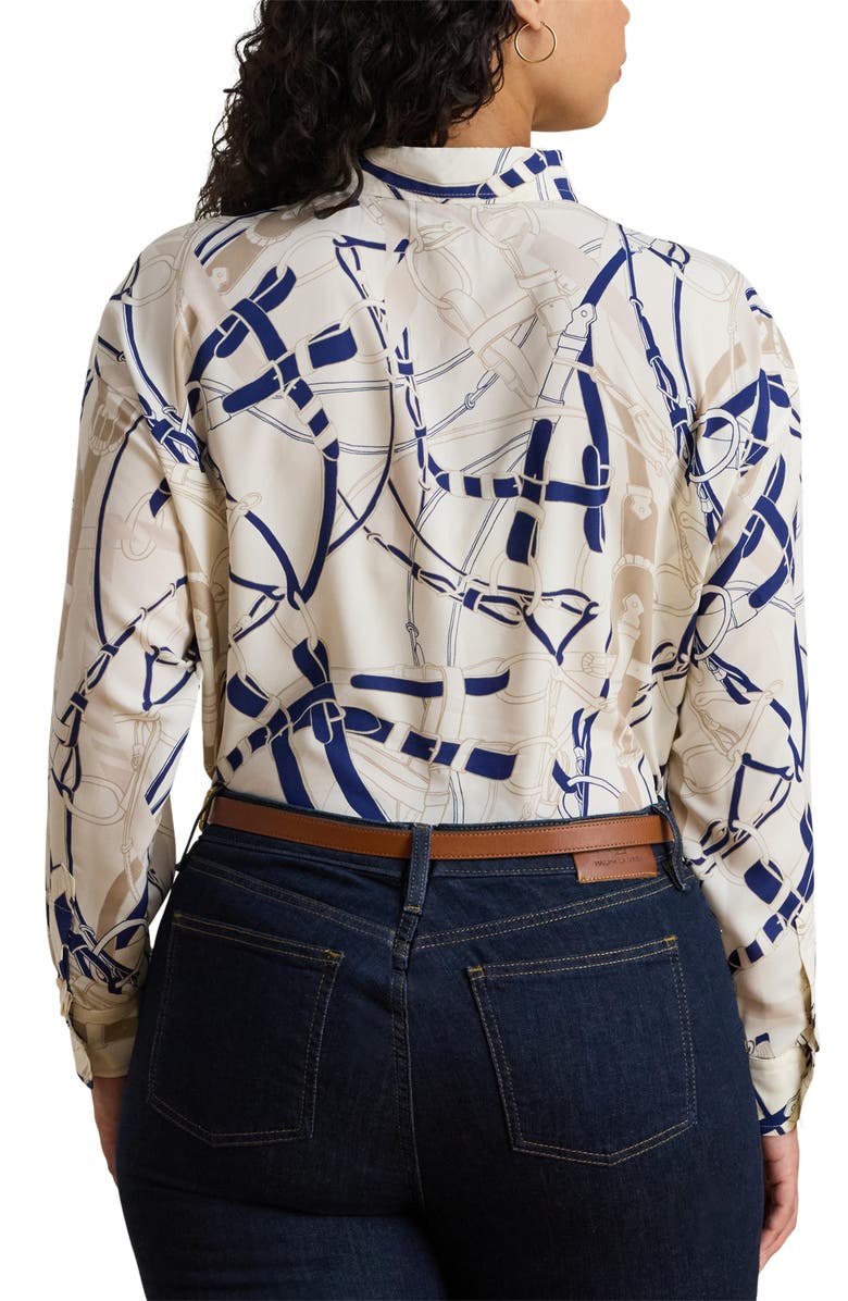 Lauren Ralph Lauren Belting Print Classic Fit Crepe Button-Up Shirt, Alternate, color, Cream/ Navy