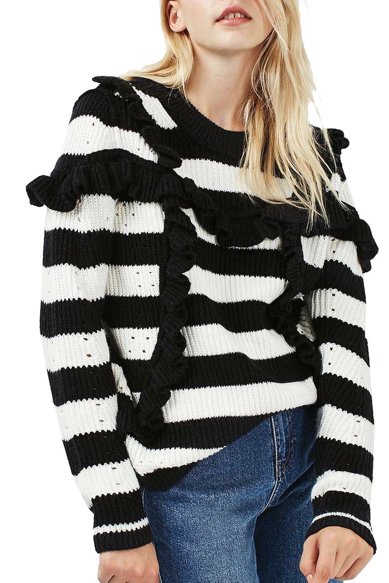Humbug Stripe Ruffle Sweater, Main, color, BLACK MULTI