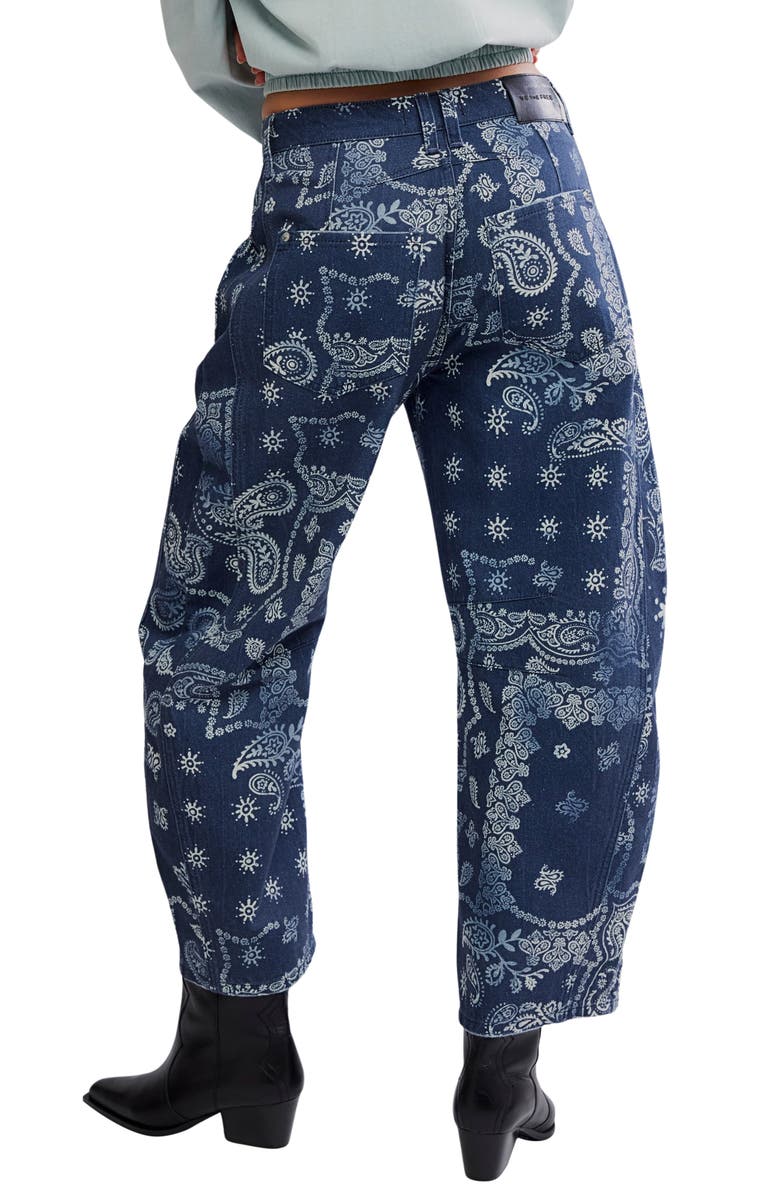 Free People Print Barrel Leg Jeans, Alternate, color, Navy Bandana