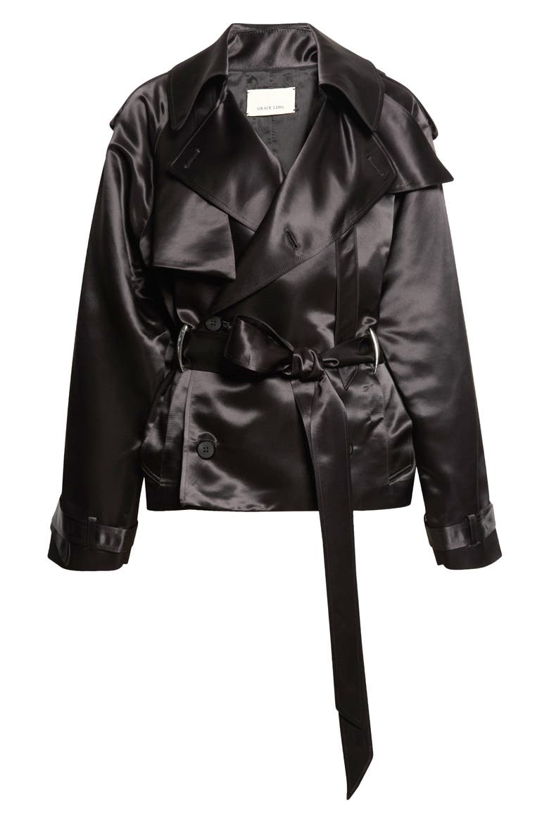 Claw Crop Liquid Satin Trench Coat, Main, color, BLACK