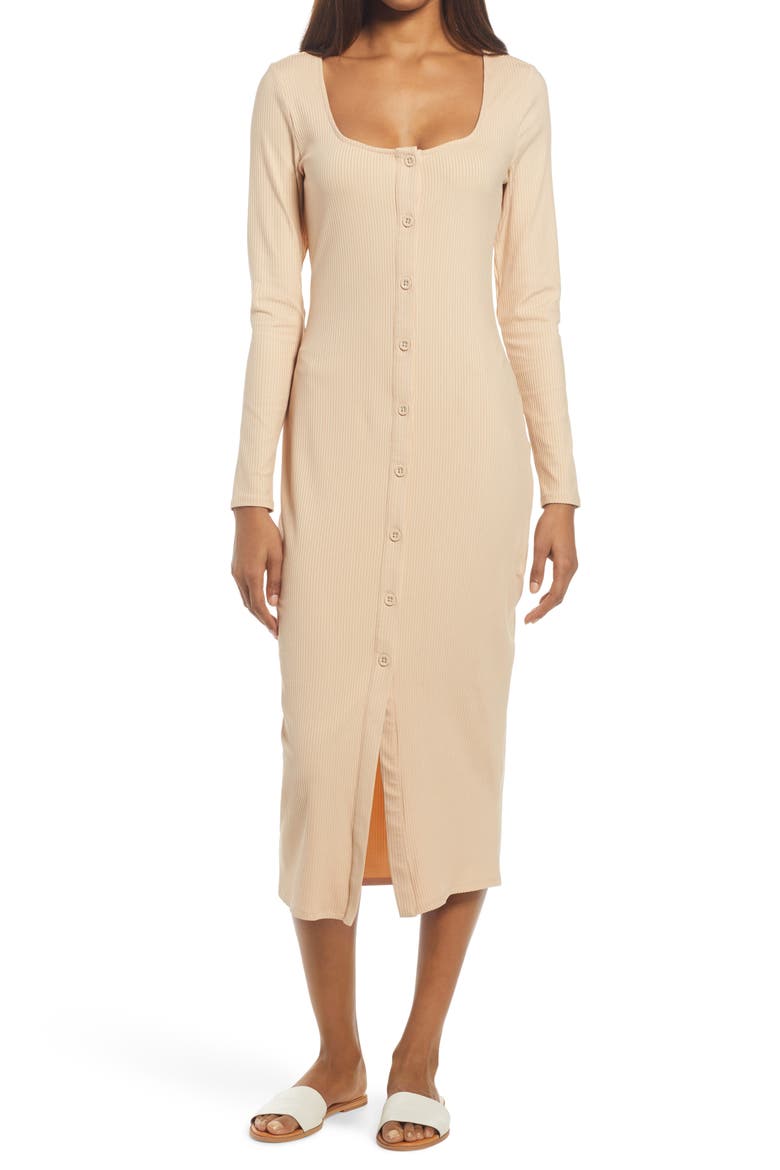 Square Neck Long Sleeve Midi Dress, Main, color, TAN
