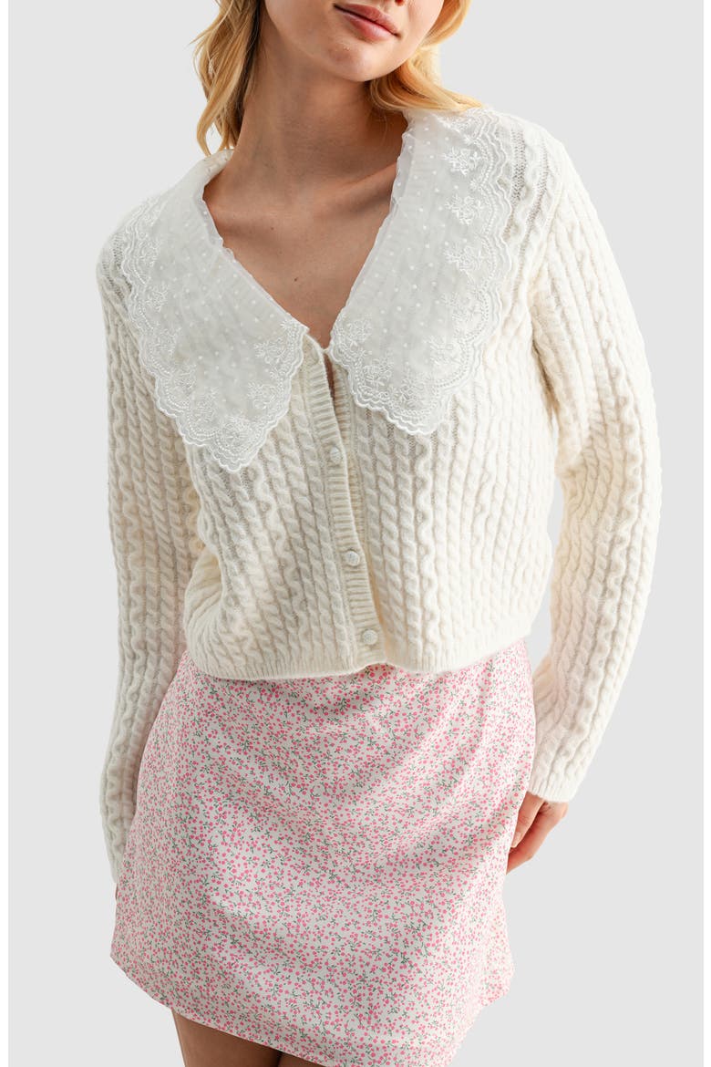 Lace Collar Cable Stitch Cardigan, Main, color, CREAM