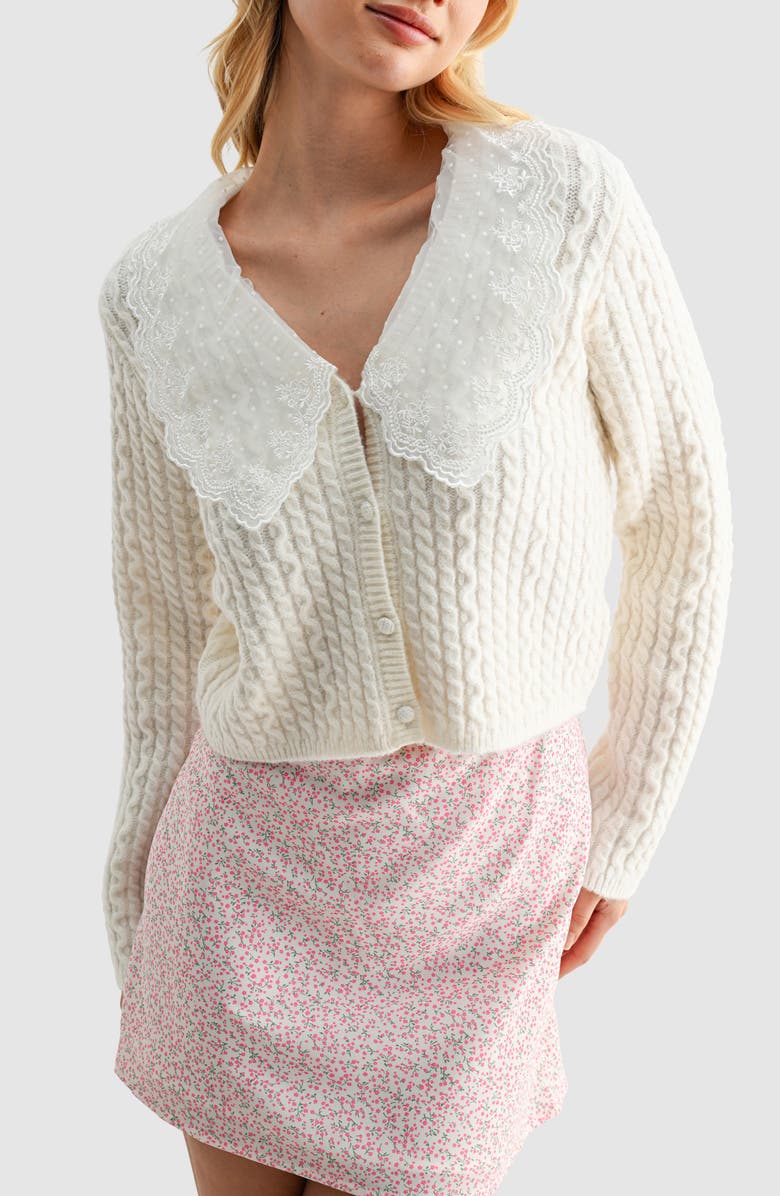 All in Favor Lace Collar Cable Stitch Cardigan, Main, color, Cream