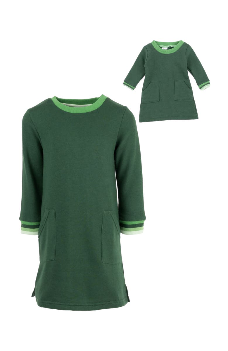 Leveret Girls Sweatshirt Dress with Matching Doll Dress, Main, color, Green