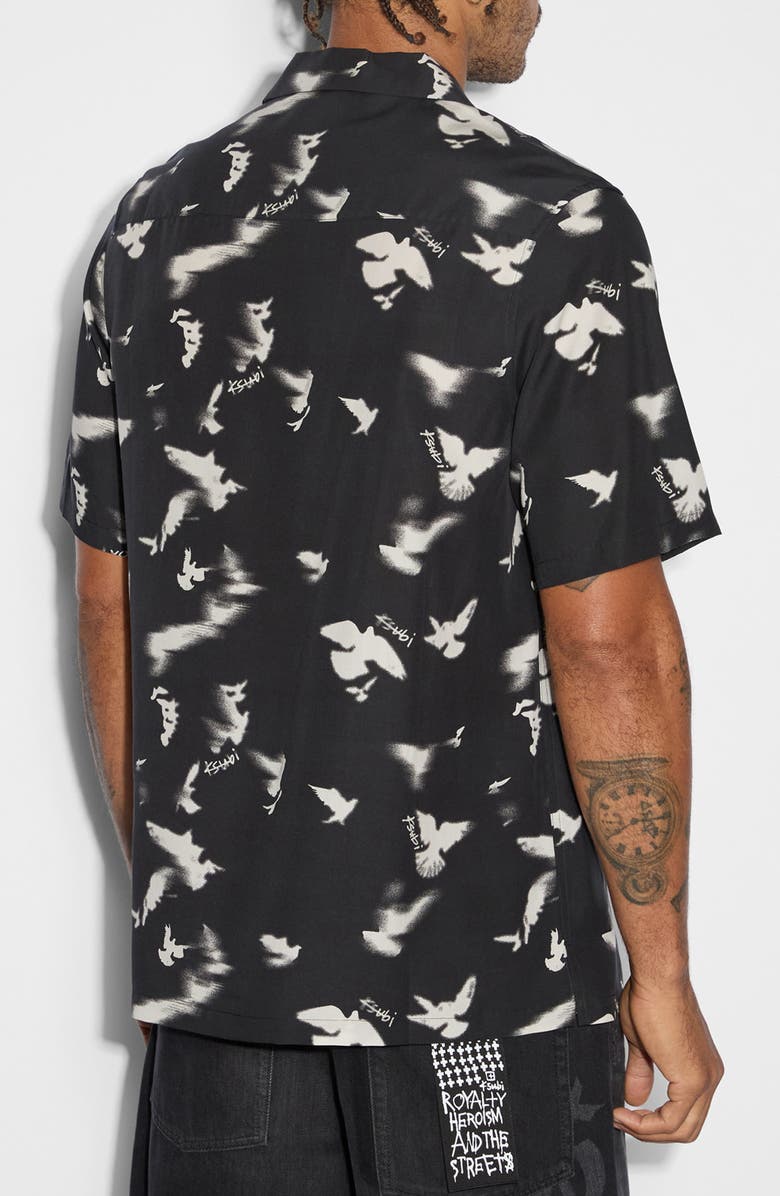 Ksubi Flight Resort Bird Print Lyocell Camp Shirt, Alternate, color, Black