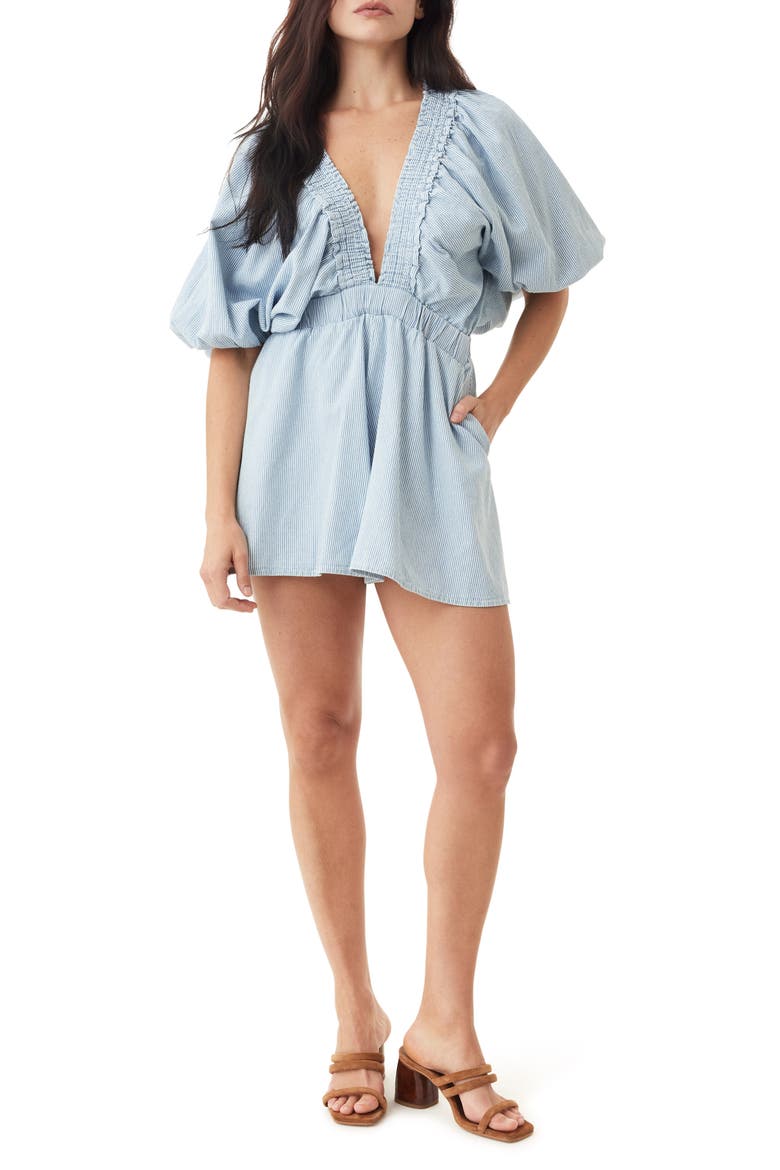 Striped Puff Sleeve Romper, Main, color, COASTAL STRIPE