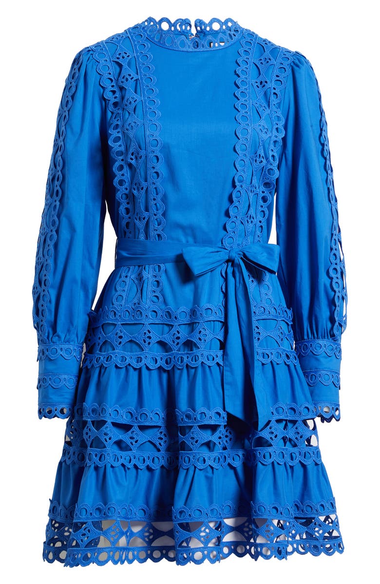 LAYERED WITH LOVE Linda Eyelet Trim Long Sleeve Cotton Minidress, Alternate, color, Cobalt