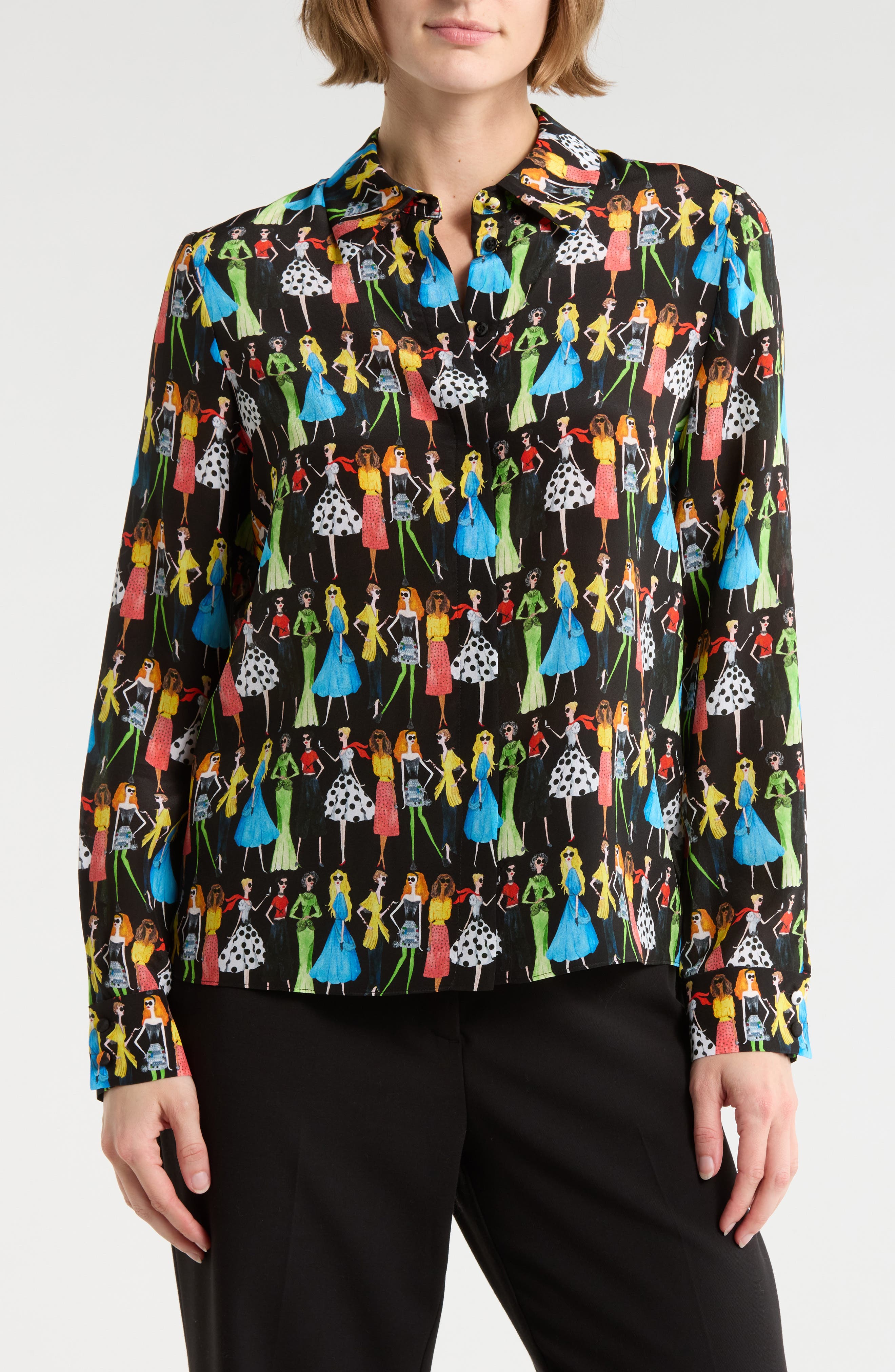 Alice + Olivia Willa Staceface Silk Button-Up Shirt