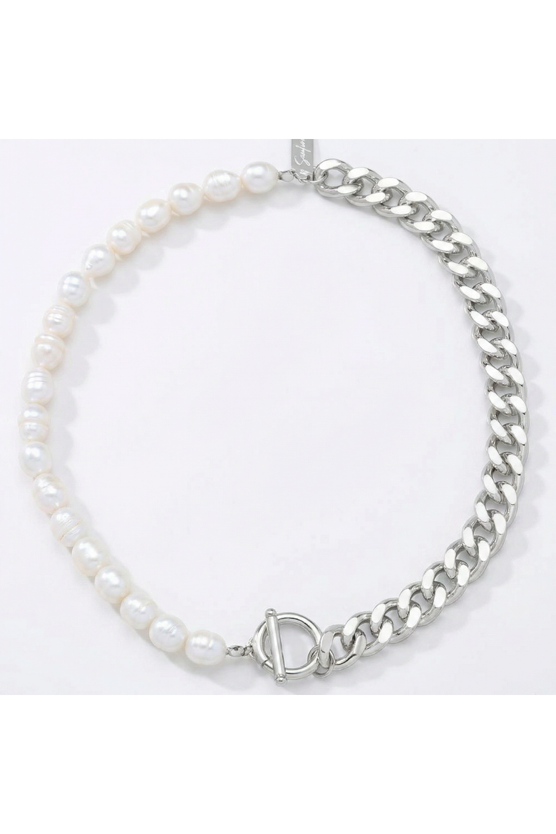 Fresh Water Pearl Half Curb Link Necklace 18" Toggle Clasp, Main, color, Silver