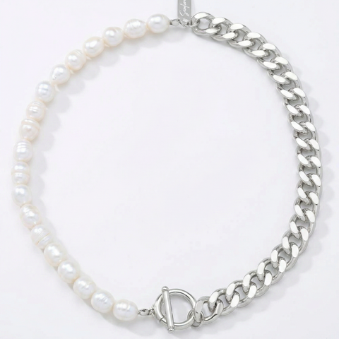 Fresh Water Pearl Half Curb Link Necklace 18" Toggle Clasp