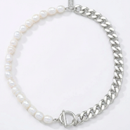 Bliss Diamond Fresh Water Pearl Half Curb Link Necklace 18" Toggle Clasp