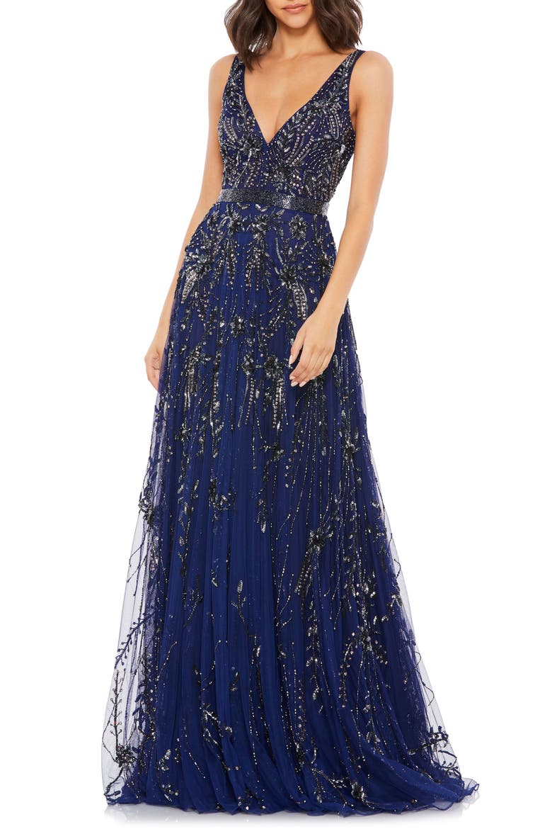 Beaded Plunge Neck Gown, Main, color, MIDNIGHT