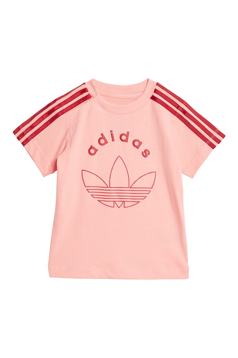 Trefoil Graphic T-Shirt & Bike Shorts Set, Alternate, color, SEMI PINK SPARK/ VICTORY RED