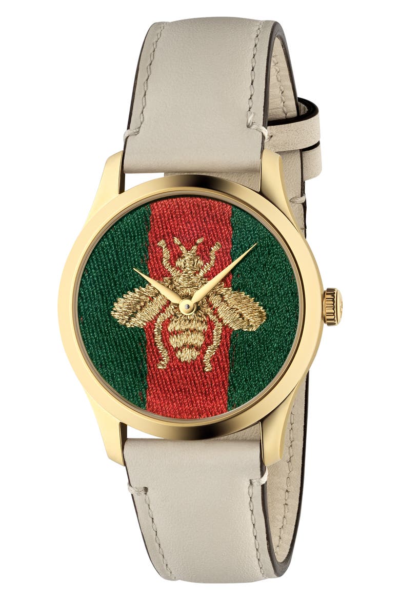G-Timeless Bee Leather Strap Watch, 38mm, Main, color, WHITE/ GREEN/ RED/ GOLD
