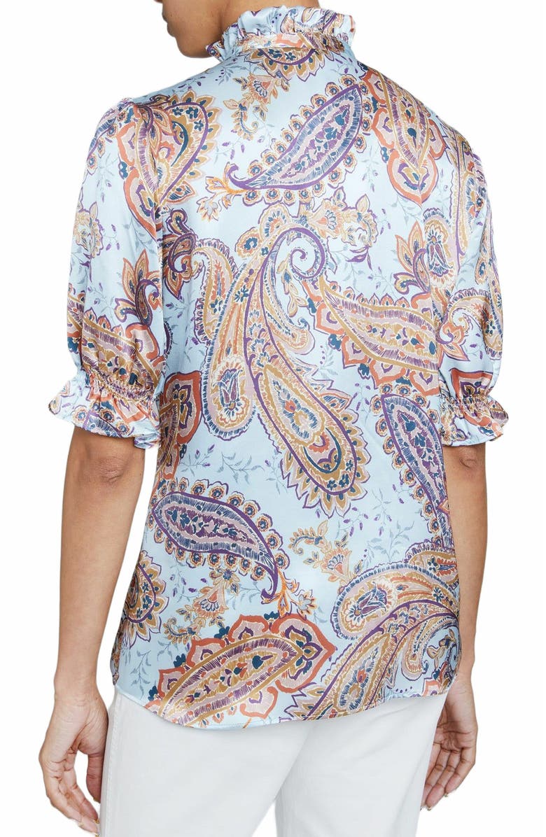 Santorelli ELISA Ruffle Neck Short Sleeve Blouse in Printed Silk Charmeuse, Alternate, color,