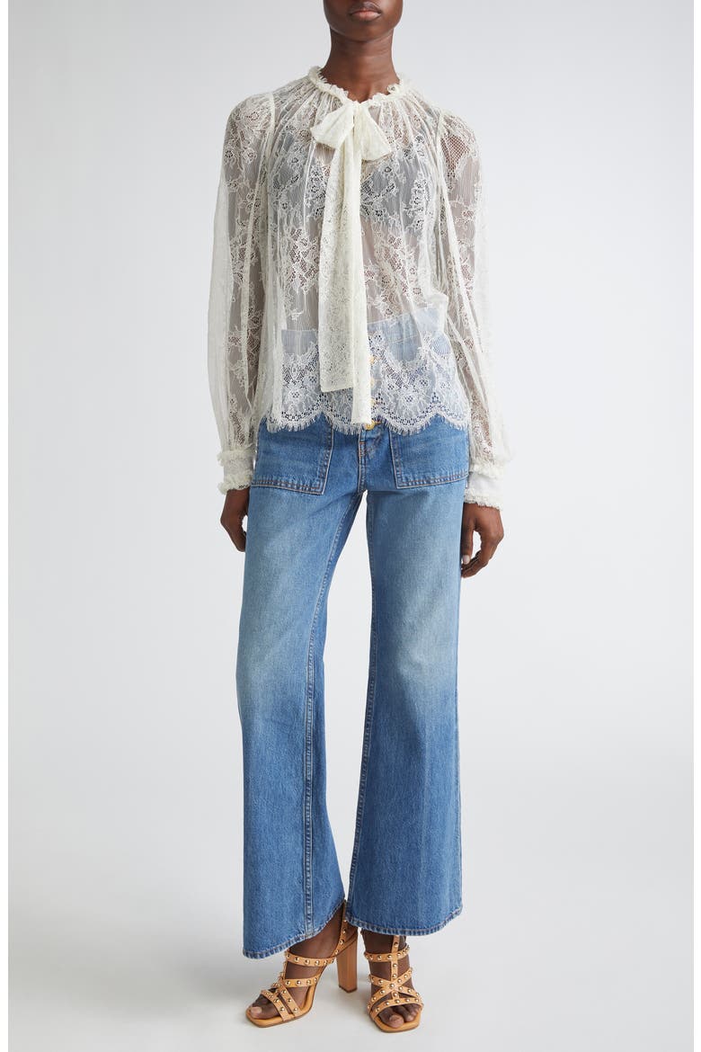Iliana Pussybow Tie Sheer Cotton Lace Top, Alternate, color, PEARL