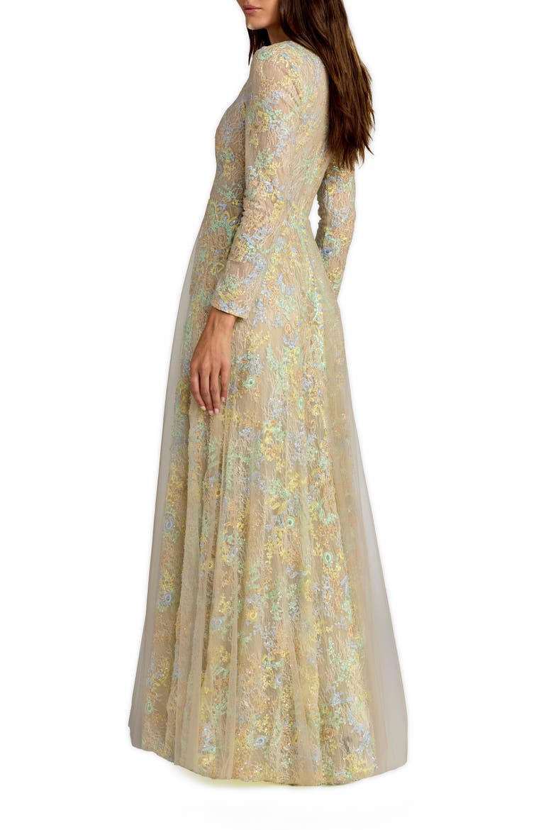 Long Sleeve Embellished Lace A-Line Gown, Alternate, color, Nude Multi