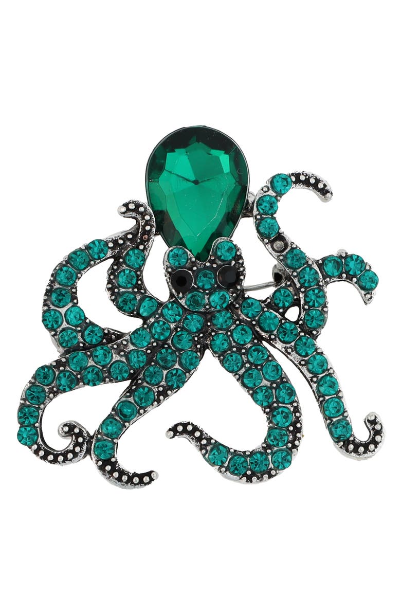 Panacea Green Crystal Octopus Brooch, Main, color, Green