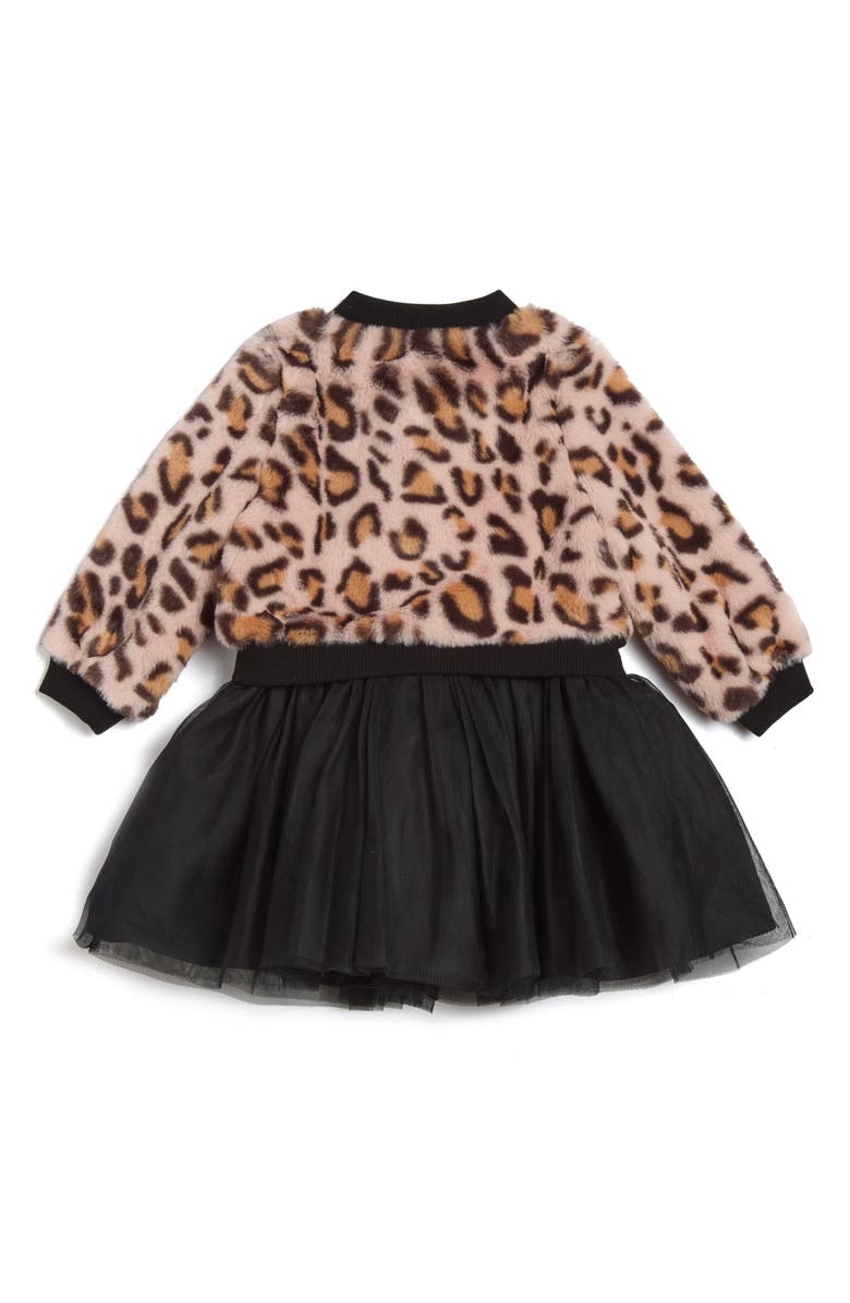 Pippa & Julie Maya Faux Fur Bomber Jacket, Party Dress & Bloomers Set, Alternate, color, Pink/ Black