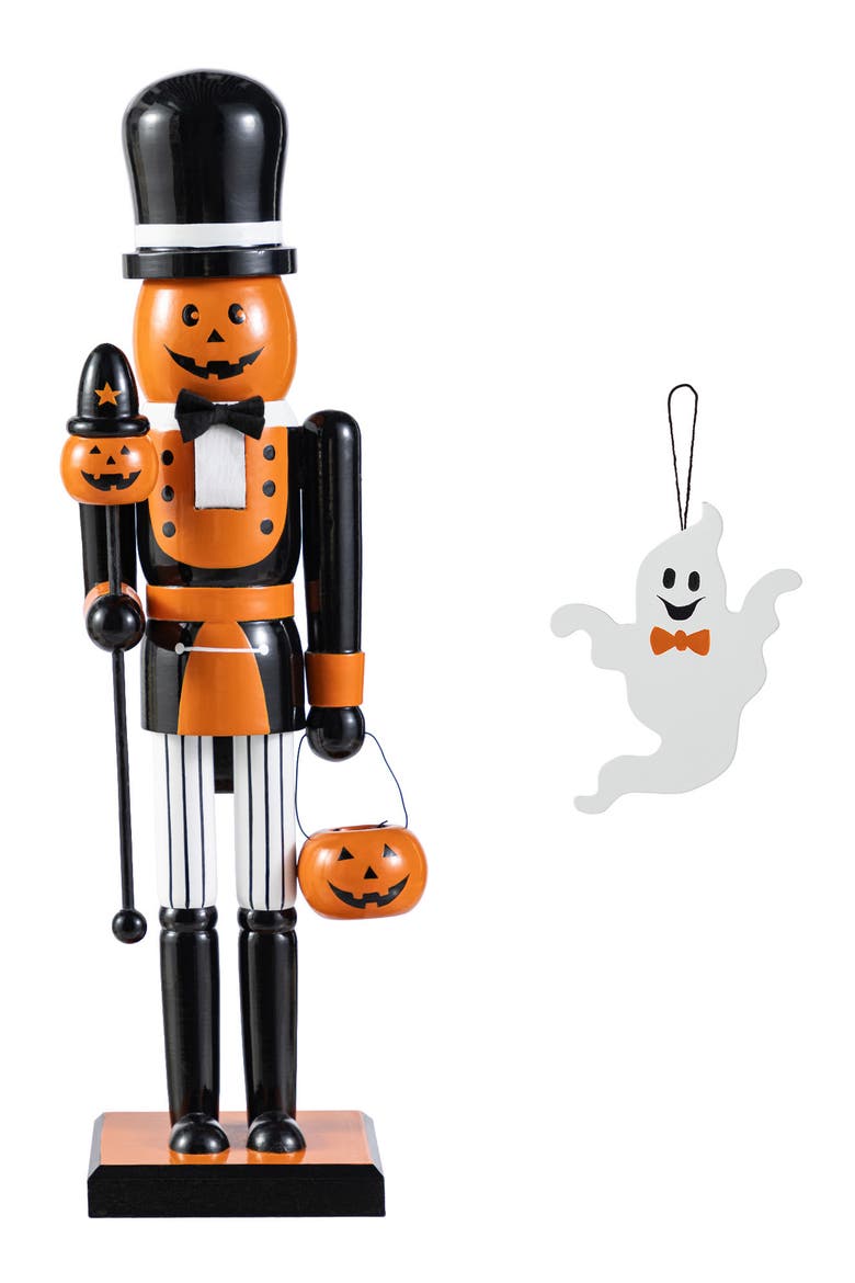 Halloween Wooden Pumpkin Nutcracker with Ghost Ornament, Main, color, Orange