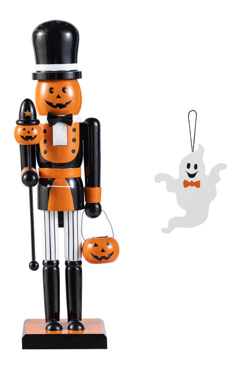 Halloween Wooden Pumpkin Nutcracker with Ghost Ornament