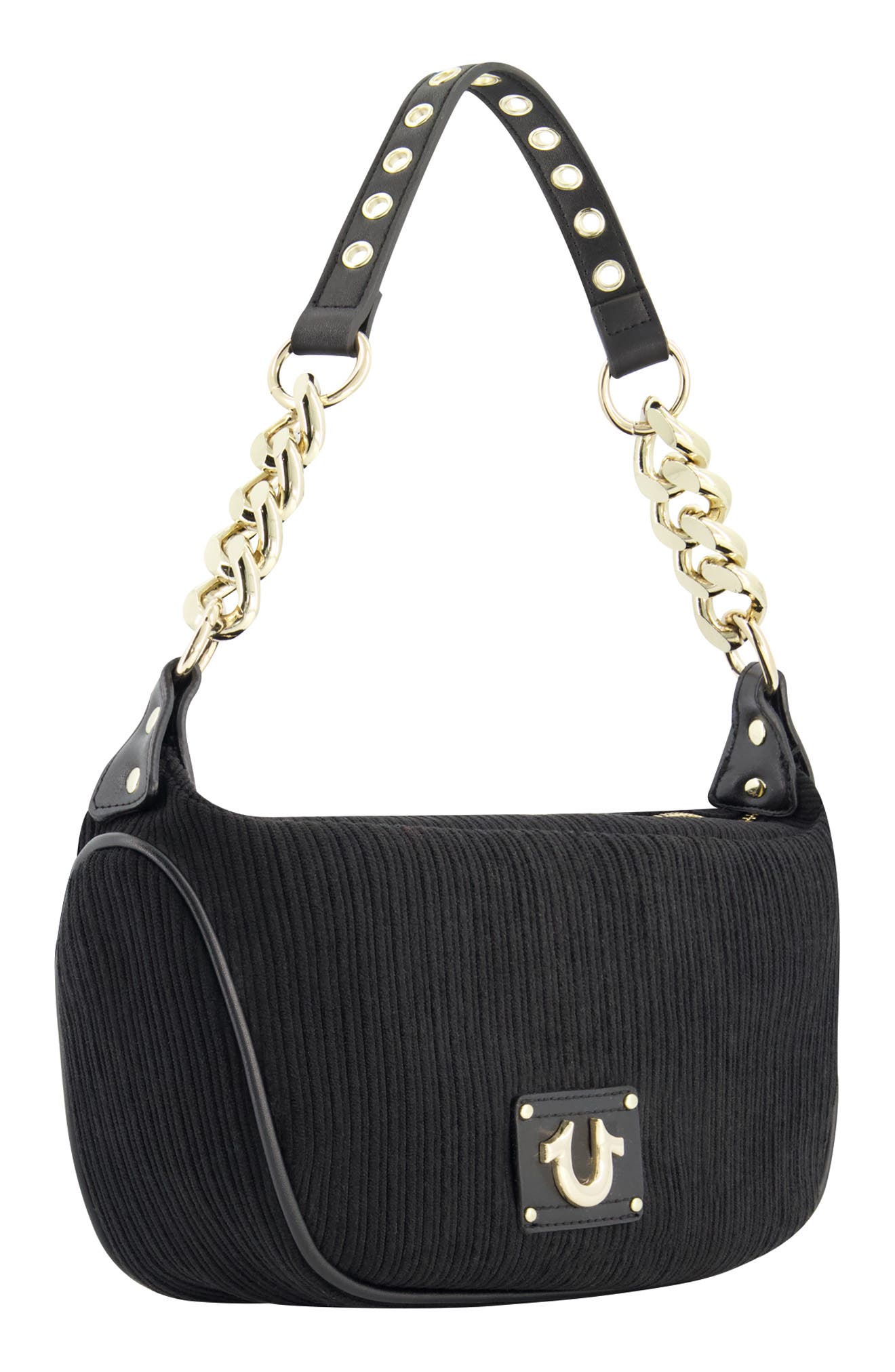 True Religion Brand Jeans Corduroy Chain Shoulder Bag, Alternate, color, Black