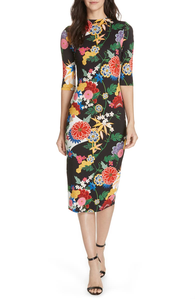 Alice + Olivia Delora Mock Neck Midi Sheath Dress, Main, color,