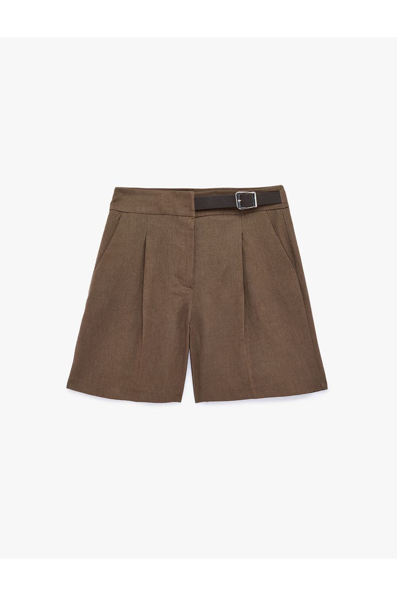 Pleated Linen Bermuda Shorts with Half Belted, Alternate, color, BROWN