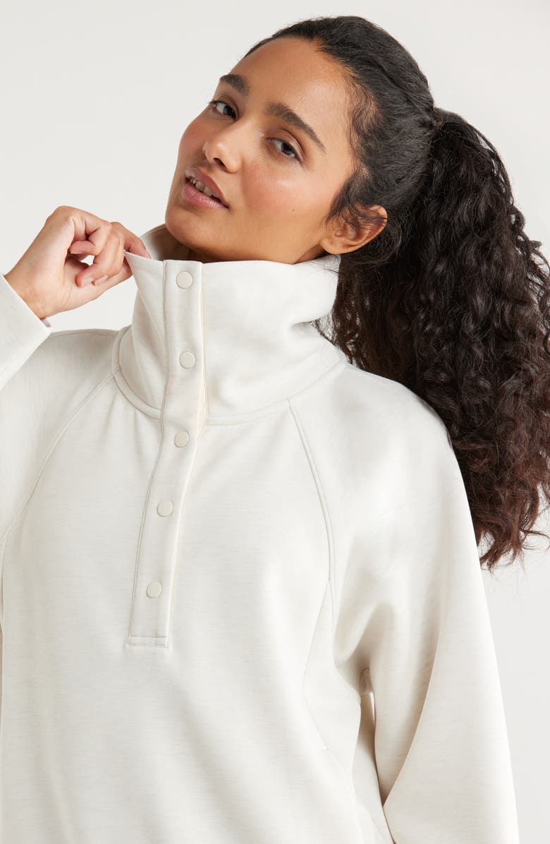 Zella Ultrasoft Snap Funnel Neck Sweatshirt, Alternate, color, Beige Ivory Heather