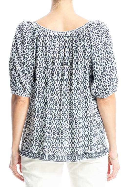 Max Studio Short Bubble Sleeve Blouse In Indgo/crm Ornt Elgnc