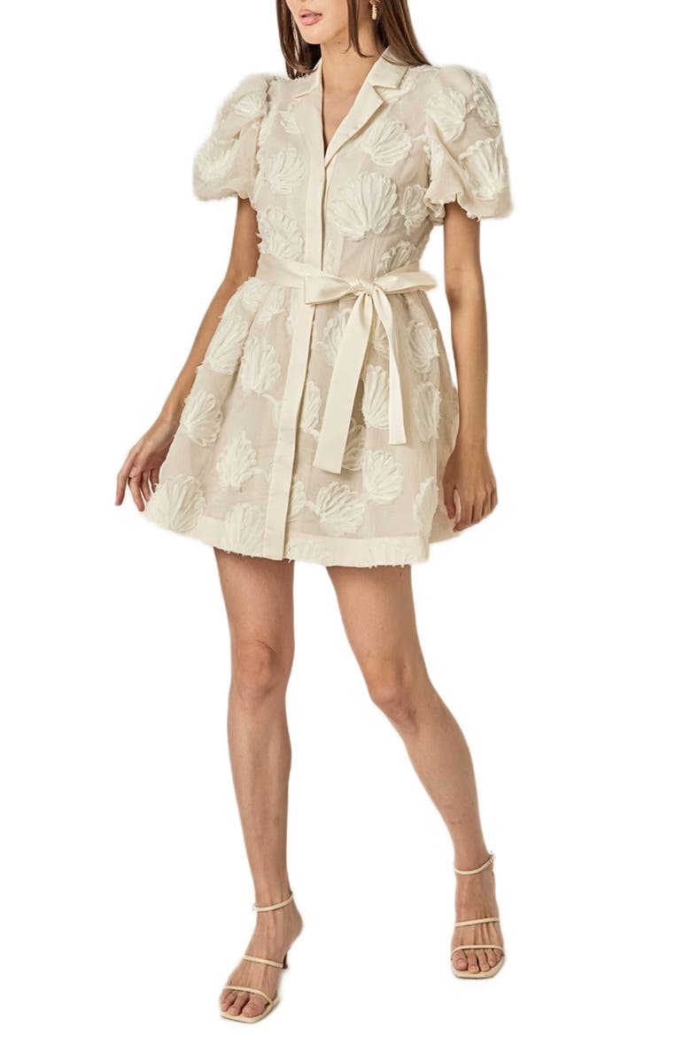English Factory Shell Puff Sleeve Tie Waist Minidress, Alternate, color, Off White