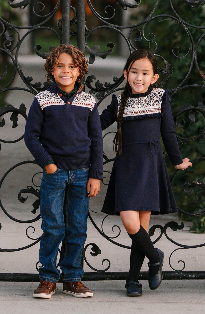 Hope & Henry Kids' Organic Ruffle Collar Fair Isle Yoke Sweater Dress, Alternate, color, Scottish Snowflake