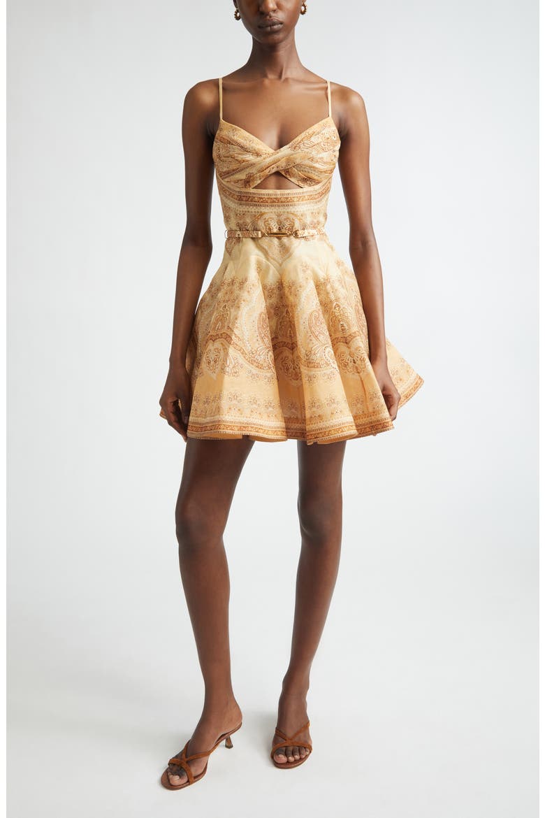 Kindred Spirit Luna Paisley Print Twist Linen & Silk Minidress, Main, color, TAN PERLA PAISLEY