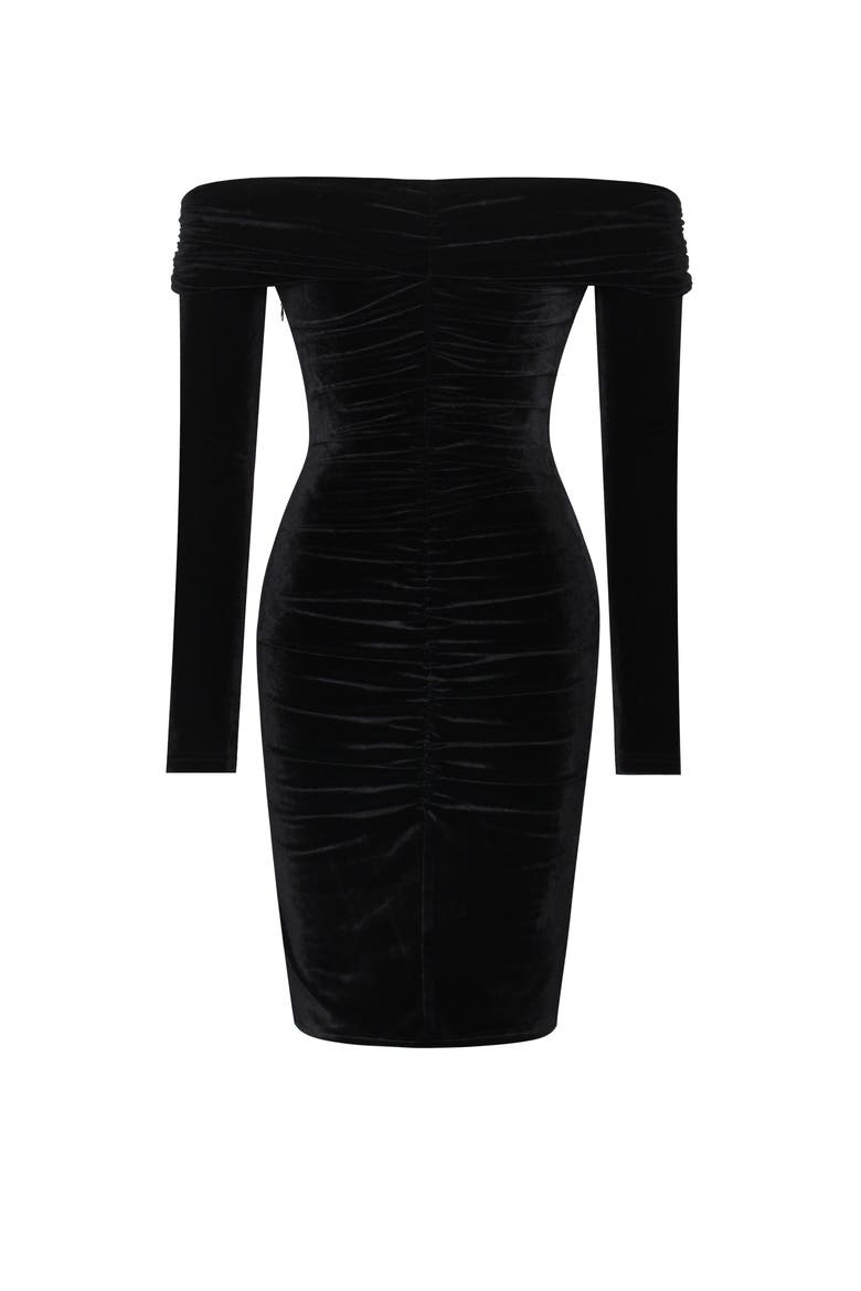 black velvet twisted cut out detail ruched sleeve bodycon dress Black Ruched Twist Front Velvet Stretch Dress