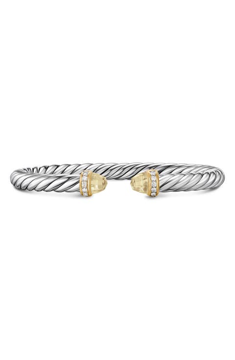 Cable Flex Bracelet in Sterling Silver with 14K Gold, Prasiolite & Diamonds, 6mm