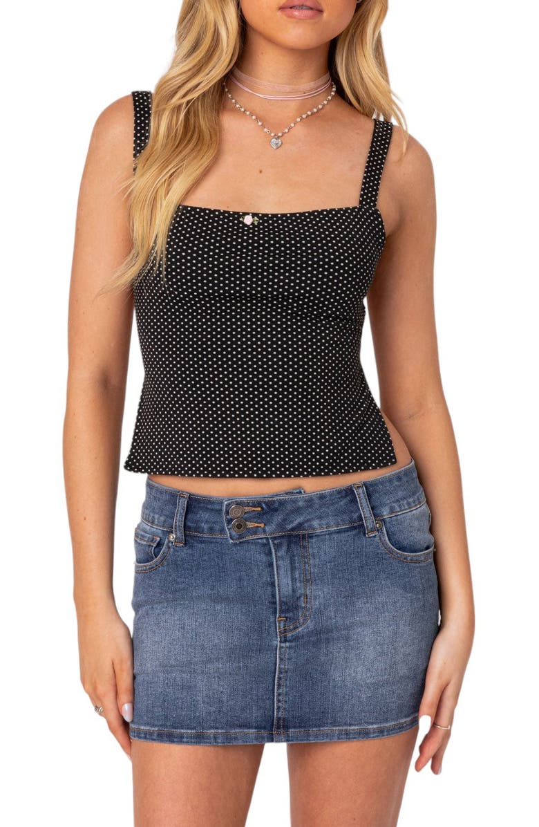 EDIKTED Kaia Polka Dot Crop Top, Main, color, Black