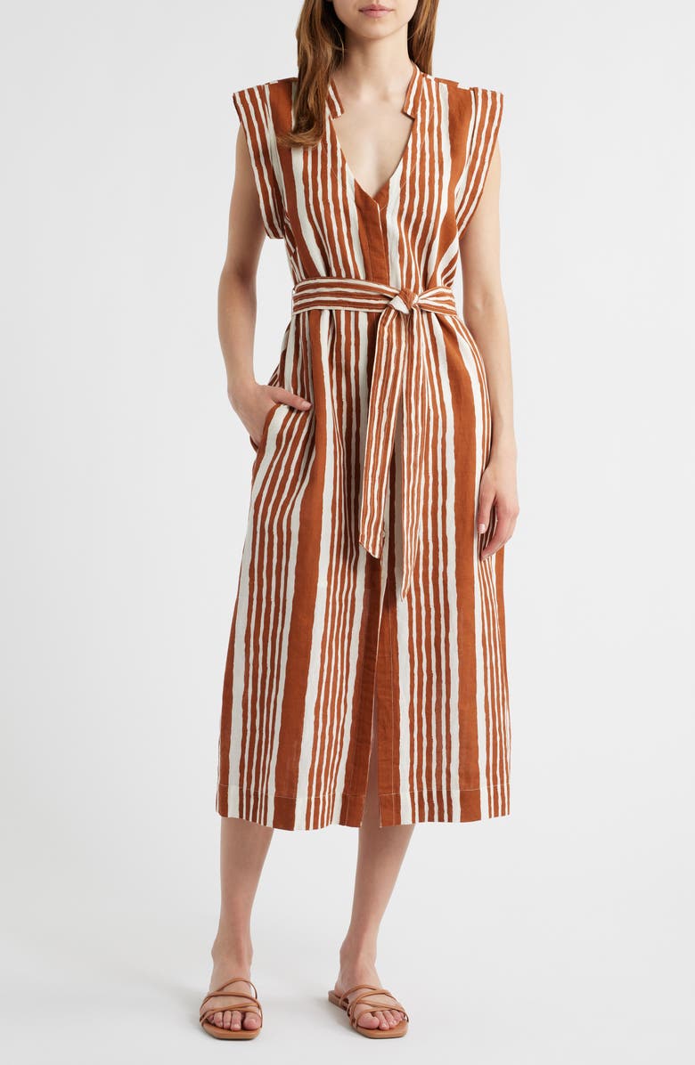 Cleobella Lani Stripe Tie Waist Cotton & Linen Midi Dress, Main, color, 