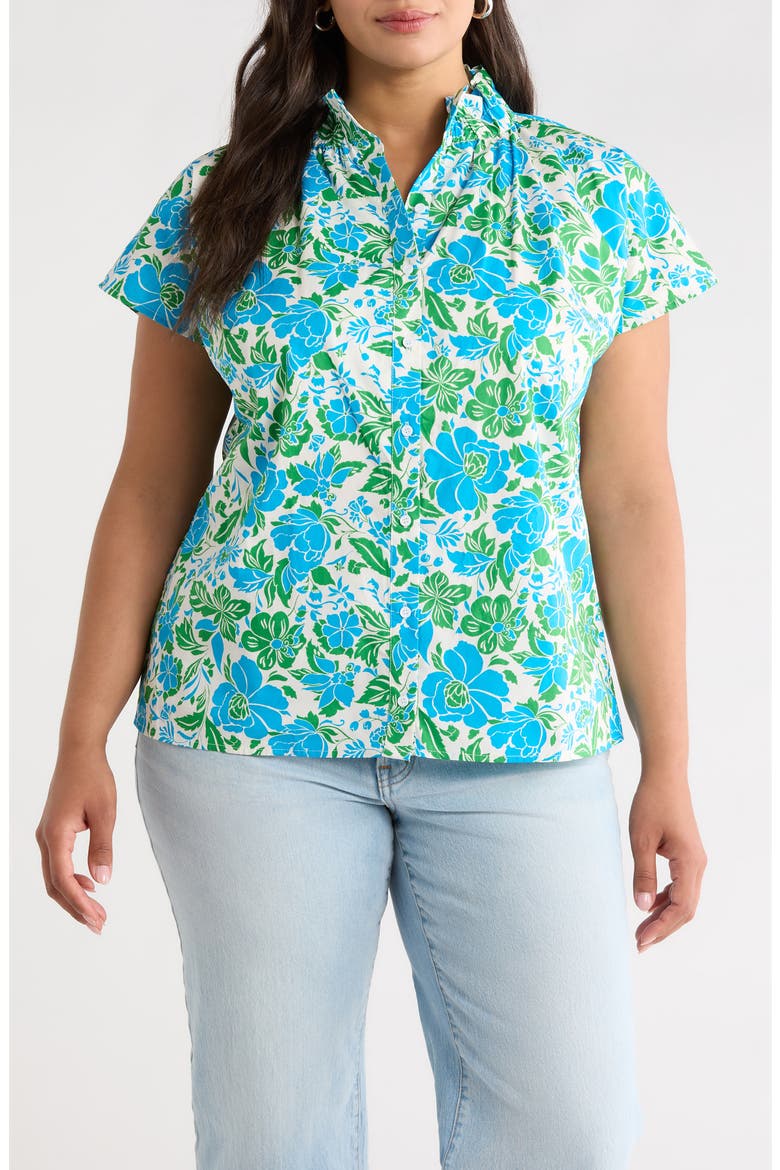 Bivore Patma Floral Mock Neck Button-Up Top, Main, color, BLUE-GREEN-WHITE