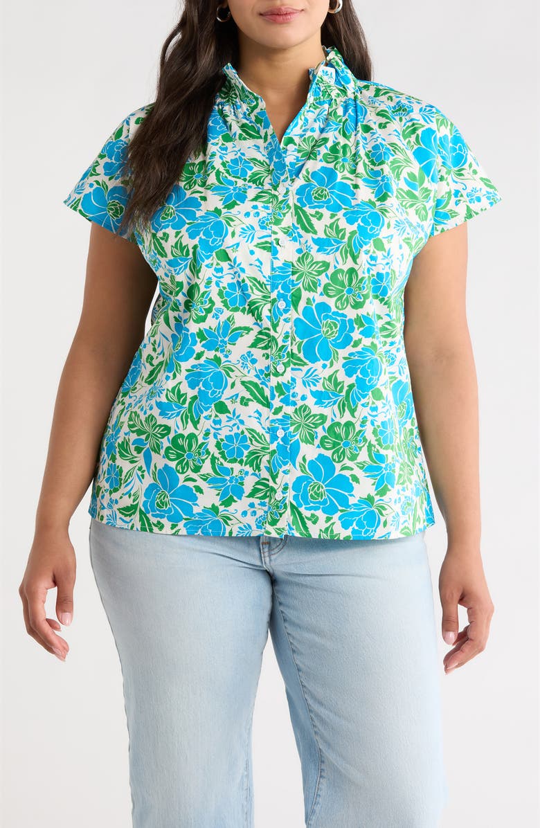 SUGARLIPS Bivore Patma Floral Mock Neck Button-Up Top, Main, color, Blue-Green-White