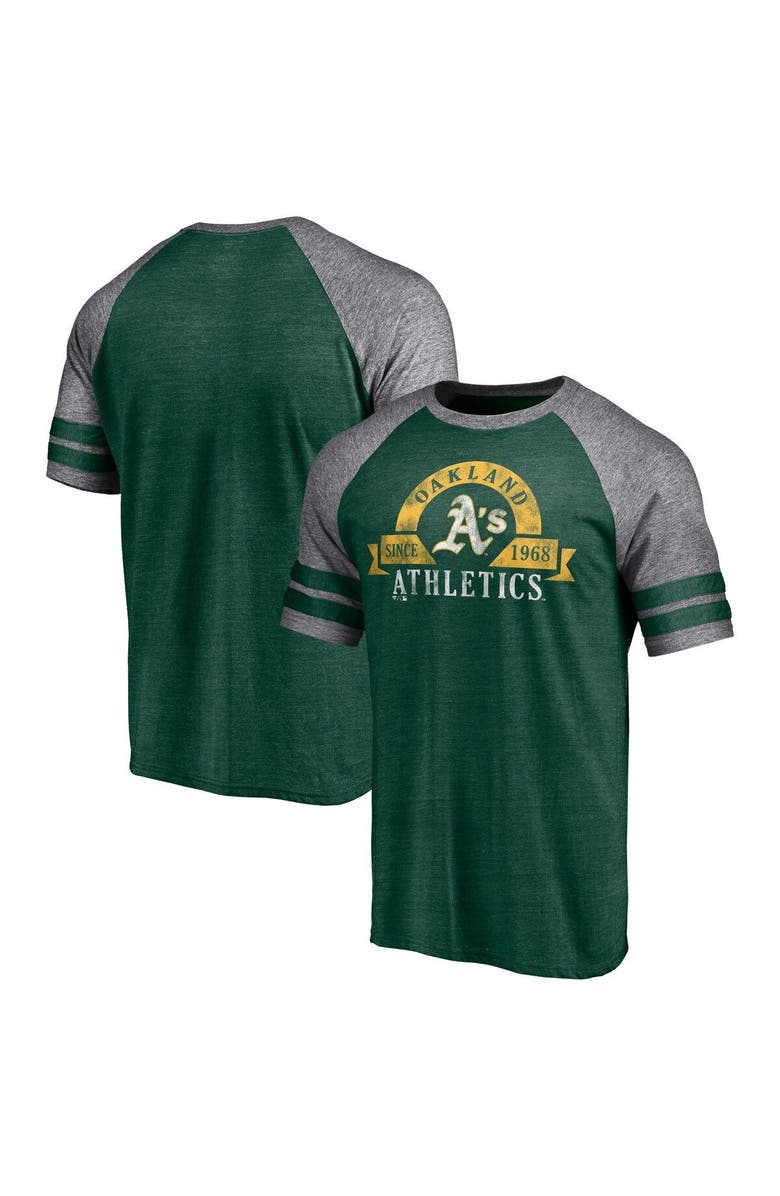 FANATICS Men's Fanatics Branded Heather Green Oakland Athletics Utility Two-Stripe Raglan Tri-Blend T-Shirt, Alternate, color,