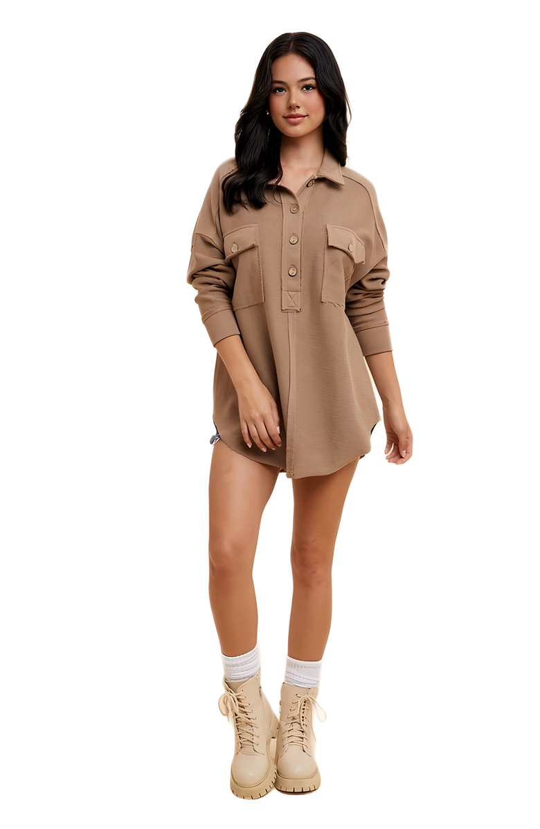 Knit and Lounge Casual Utility-Style Button-Up Tunic Shirt with Patch Pockets, Alternate, color, 
