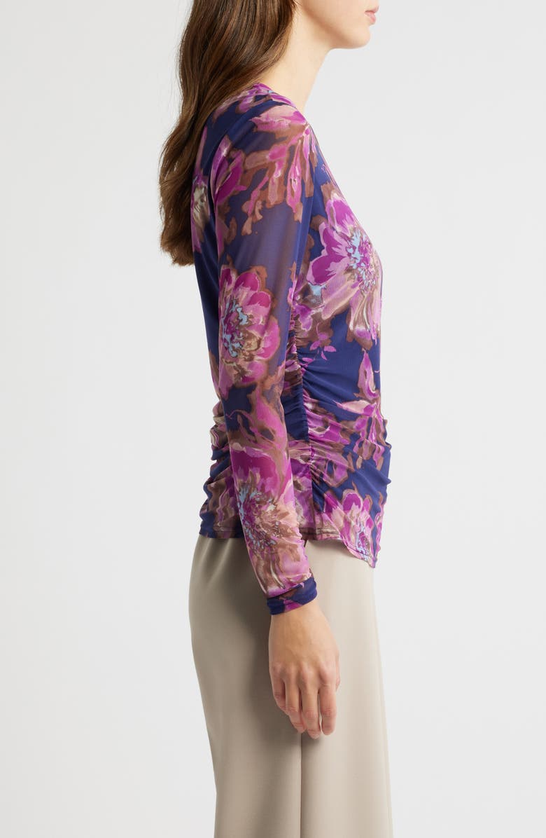 Tahari ASL Floral Ruched Mesh Top, Alternate, color,