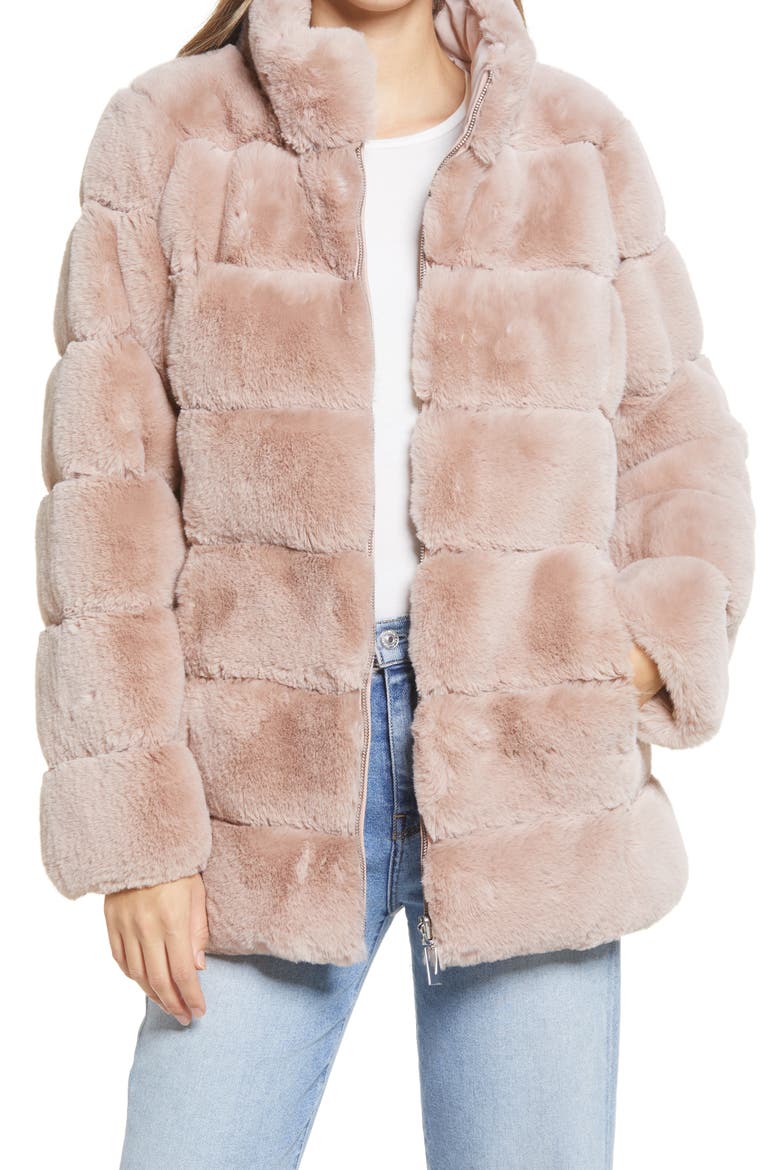 Faux Fur Stand Collar Coat, Main, color, BLUSH PINK