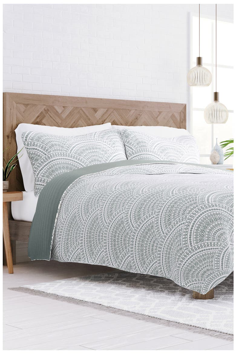 All Season Scalloped 3-Piece Down Alternative Reversible Quilt Set, Alternate, color, EUCALYPTUS